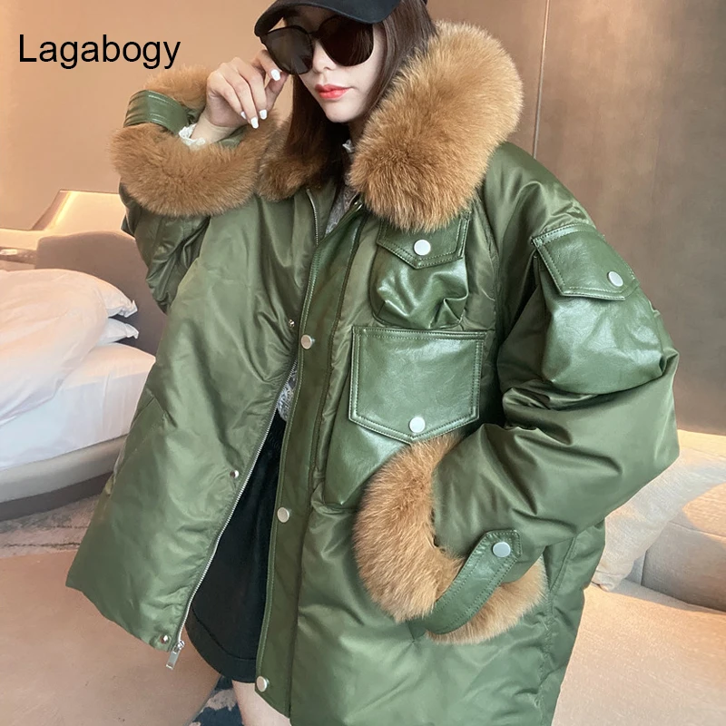 

Новинка 2021, Высококачественная зимняя куртка Lagabogy из 90%-го белого утиного пуха, женские толстые теплые свободные кожаные женские пальто с ка...