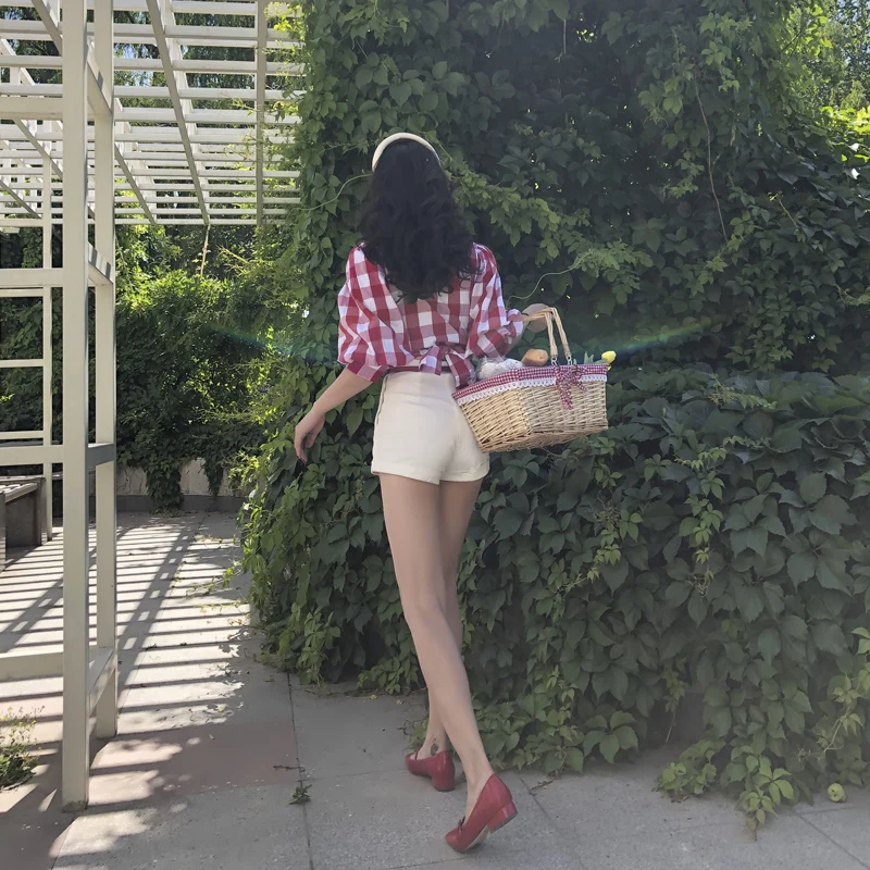 2019 практичная винтажная красная клетчатая короткая рубашка с запахом и