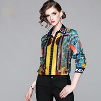 office lady blusa turn down collar vintage print tops new elegant chiffon women blouses long sleeve casual shirts