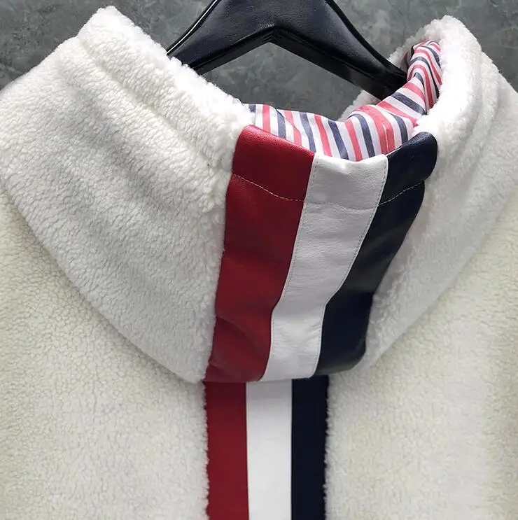 

TB 2021 Fashion THOM Brand Jacket Men Zipper Cardigans Clothing Thick Winter Hooded Striped Loose Fur One Casual Coat