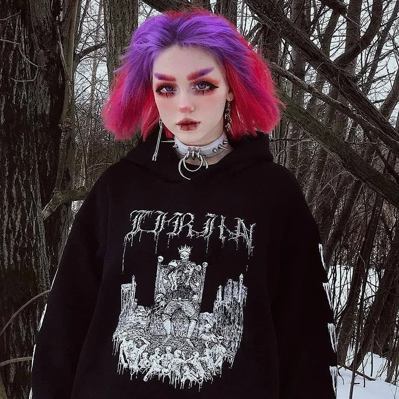 

GothGotik Gothic Tops Winter Clothes Women Hoodie Sweater Goth Print Long Sleeve Loose Top Casual Streetwear Oversize Aesthetic