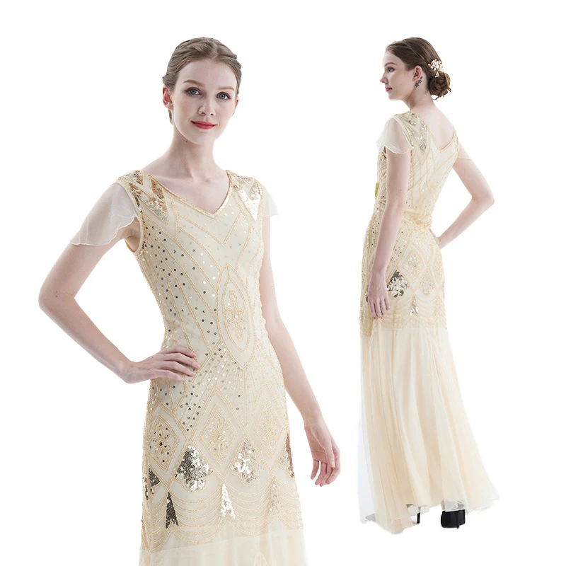

Женское винтажное платье-Чарльстон 1920-х годов, длинное прозрачное платье макси в стиле Великий Гэтсби, вечернее платье с коротким рукавом, длинное платье с блестками и бисером