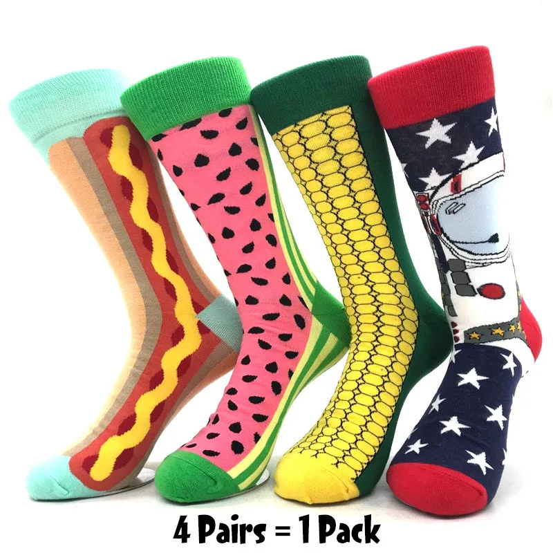4 Pairs-All color 4 пары счастливых носков Кукуруза астронавты арбуз полосы Британский ветер хит цвет мужские носки из чистого хлопка смешные носки Харадзюку мужские - Цвет: 4 Pairs-All color