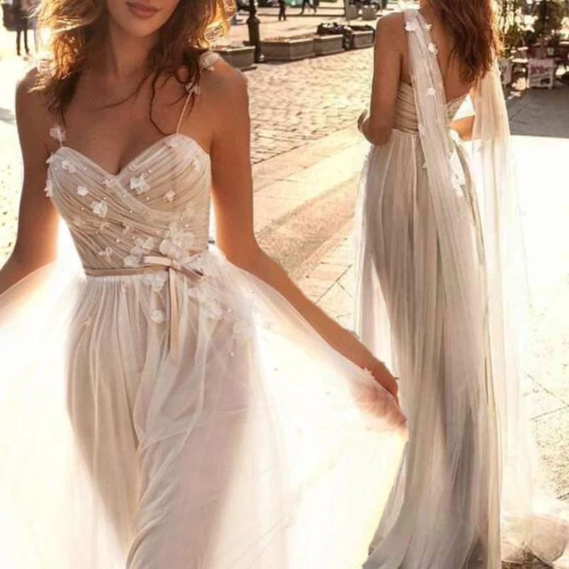 

New Sexy Spaghetti Boho Wedding Dresses 2021 Backless Tulle 3D Floral Appliques Lace Bridal Gowns Beach Summer White Dress Long