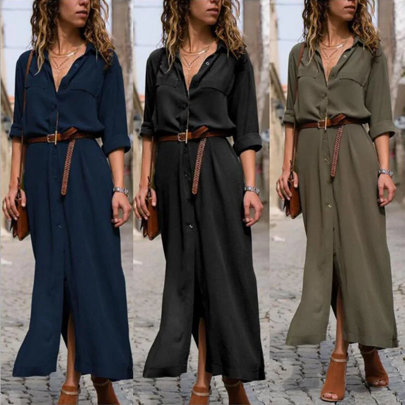

Women Elegant Maxi Dresses Autumn Solid Color Loose Plus Size Shirts Dress Pocket Button Black Street Long Sleeves Vestidos
