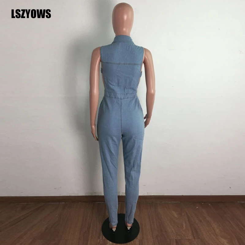 

Women Side Hollow Out Denim Jumpsuit Sleeveless Turn-down Collar Button Up Summer Jean Jumpsuit High Waist Long Rompers Overalls