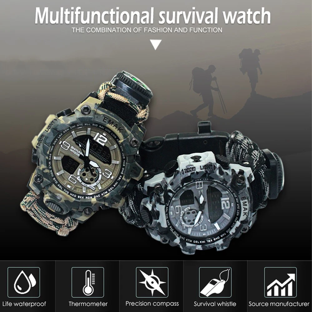 

7 in 1 Outdoor Survival Watch Tactical Paracord Bracelet Watch with Compass Scraper Thermometer Paracord Whistle Camping Tools