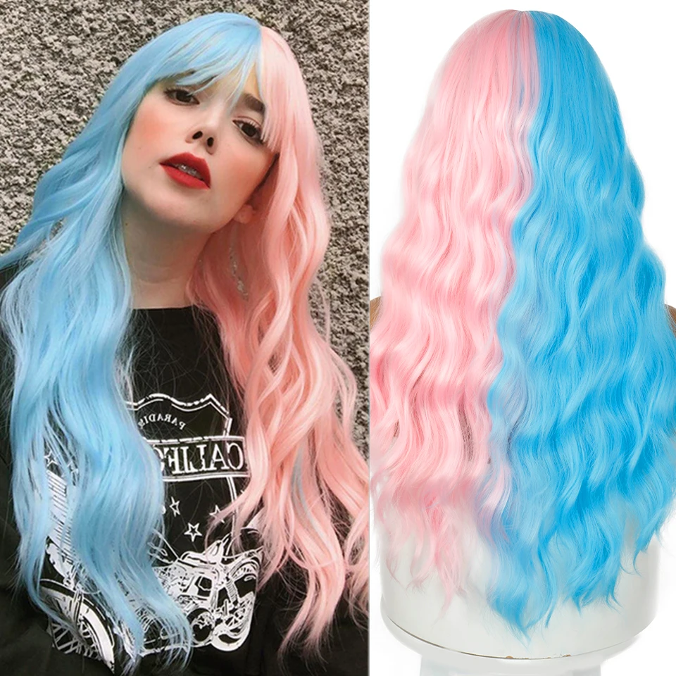 

VOGUESI Long Body Wave Synthetic Wigs Half Pink Half Blue Wig For Girl Hair Wigs with Bangs Heat Resistant Cosplay Lolita Wigs