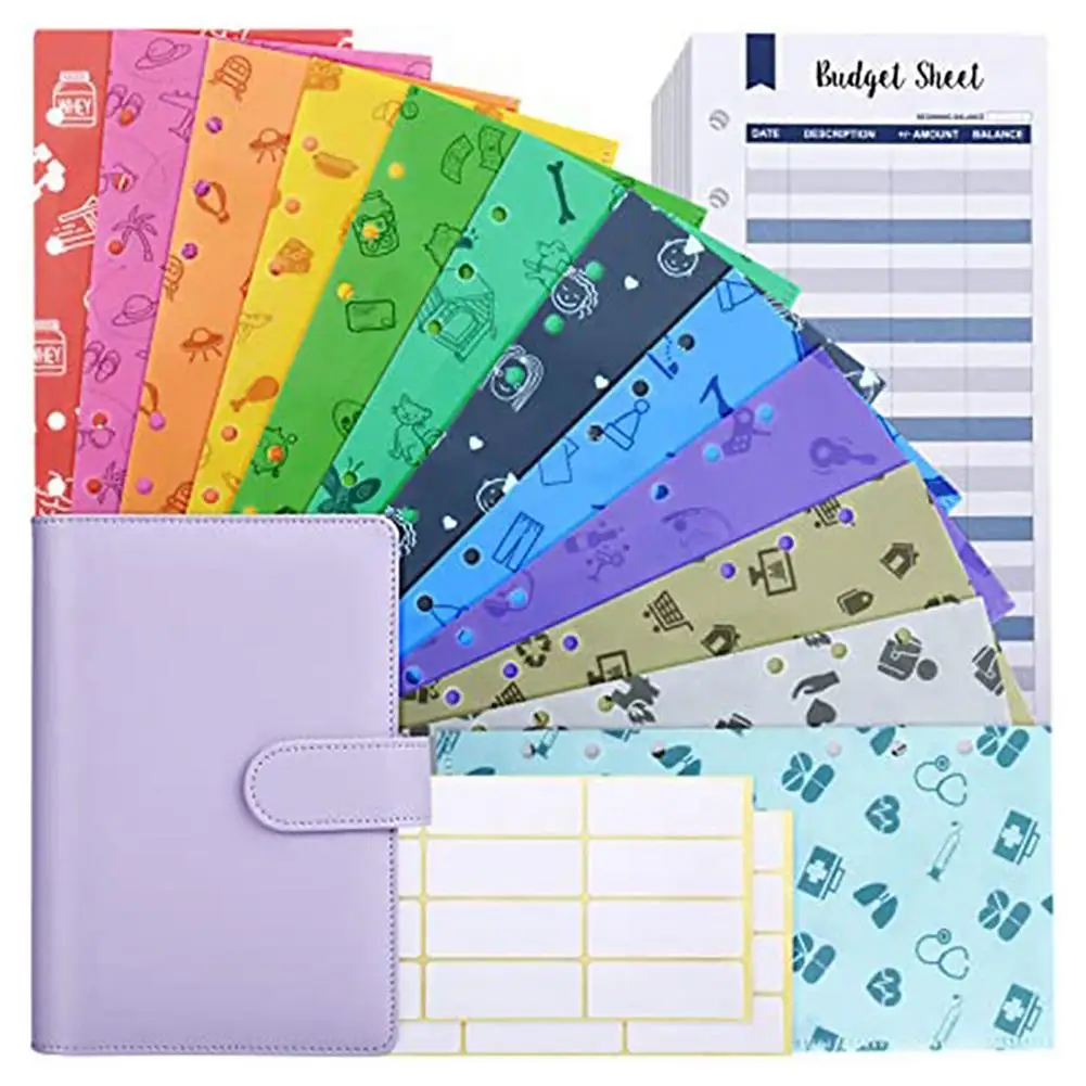 

A6 PU Leather Clip-on Notebook Loose Leaf Notebook Cover Label Sticker Budget Table Envelope Office School Supplies Stationery