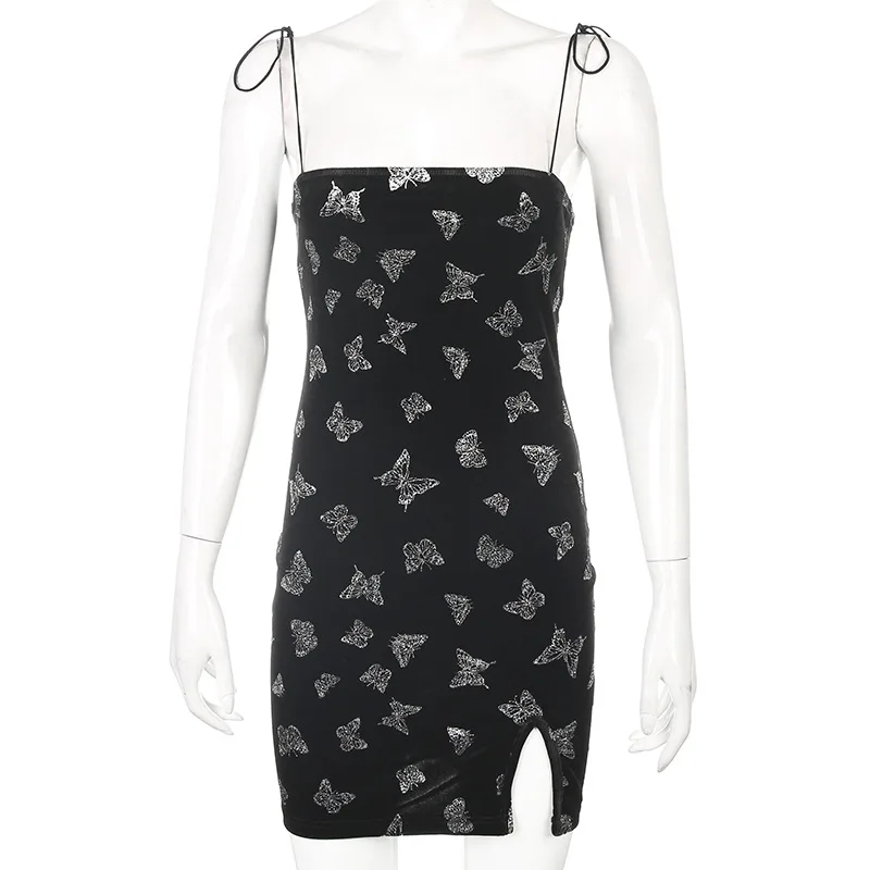 

2020 Women's velvet butterfly printed tight dress sexy Spaghetti Strap Casual Party Split Backless dresses vestidos em*