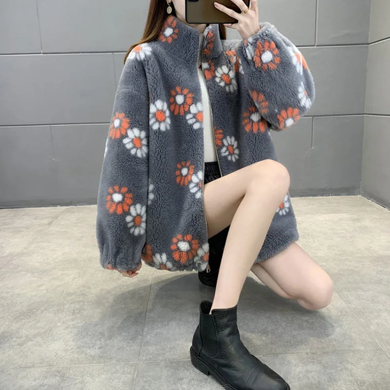 Genuine Sheep Fur Coat Short Print Flower Winter Clothes Women Zipper Long Sleeves Natural Sheepskin Ladies Overcoats Abrigos