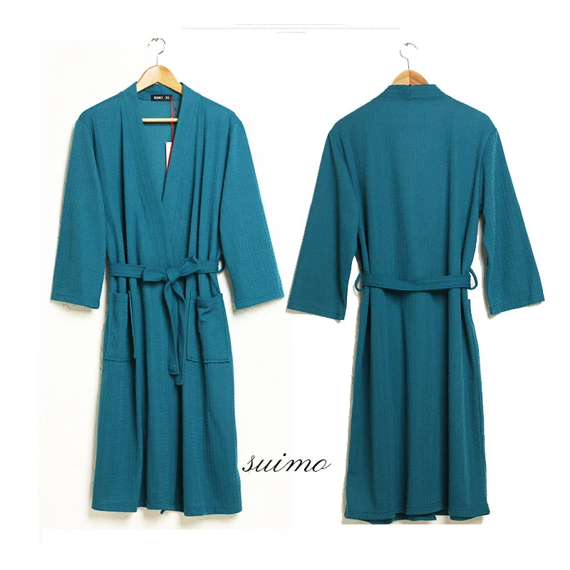 Waffle Transparent Bathrobe Men Summer Thin Robe Shower Women Plaid Dressing Gown Knee Length Breathable Nightgown Home Cloth