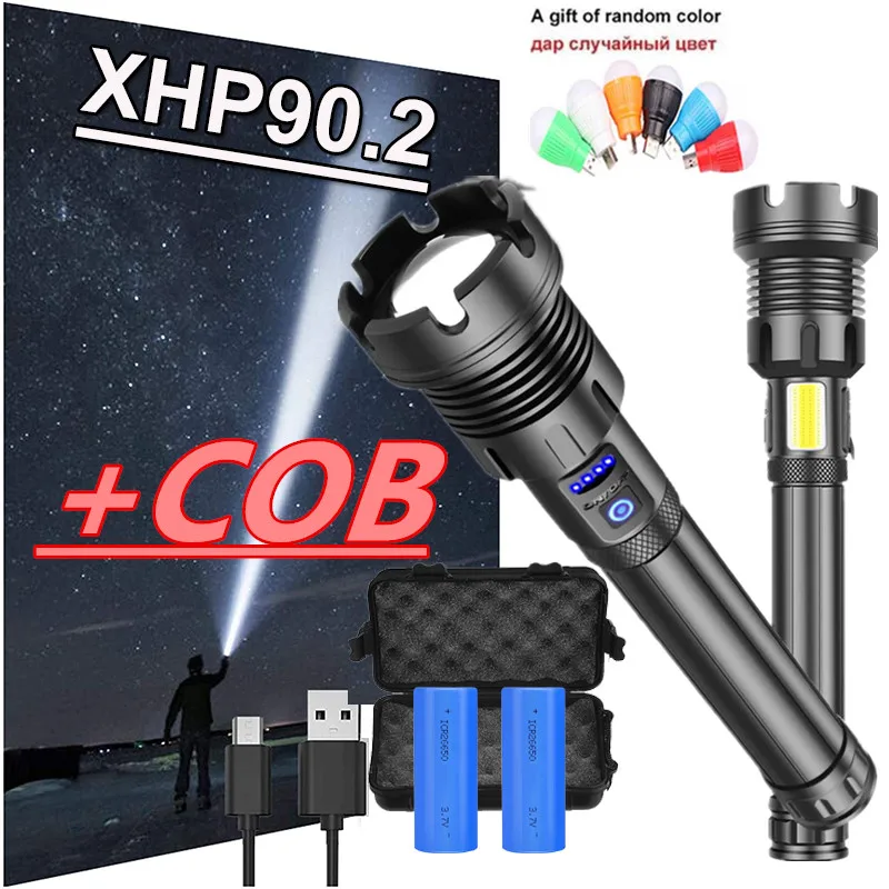 

2000M XHP90.2 most powerful Led+COB flashlight usb Zoom Tactical torch xhp70 18650 or 26650 Rechargeable battery hand light