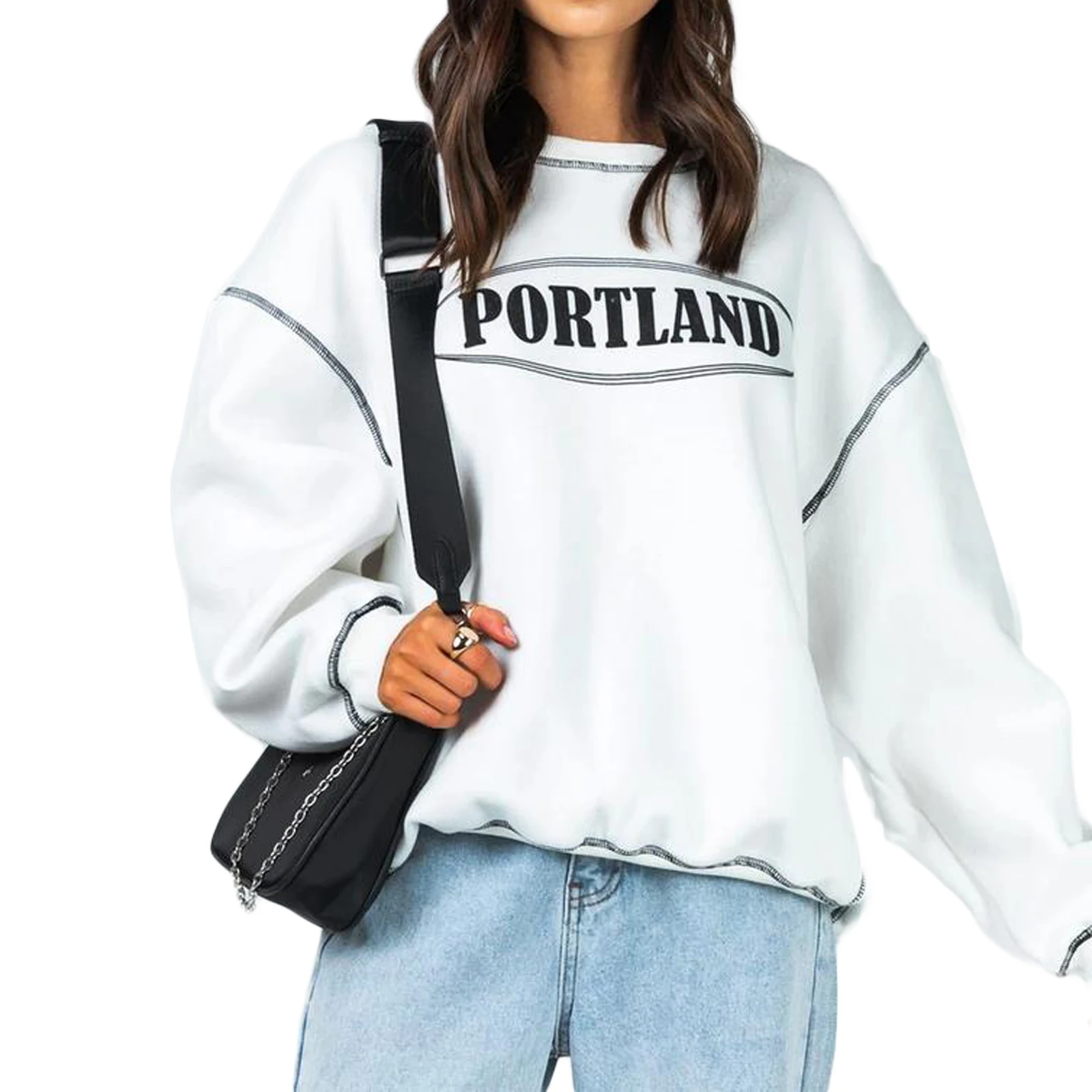 

Y2K Women Casual White Sweatshirts 2021 Streetwear Letter Print Long Sleeve Round Neck Loose Pullover Tops for Autumn Spring