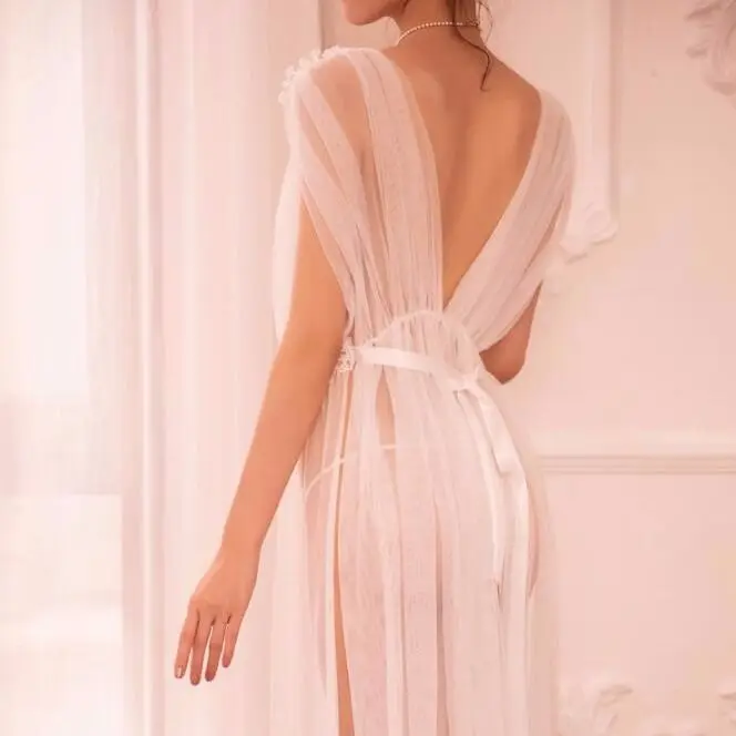 

Women's summer sexy long deep V transparent gauze fun suspender pajamas, nightdress, people's underwear set
