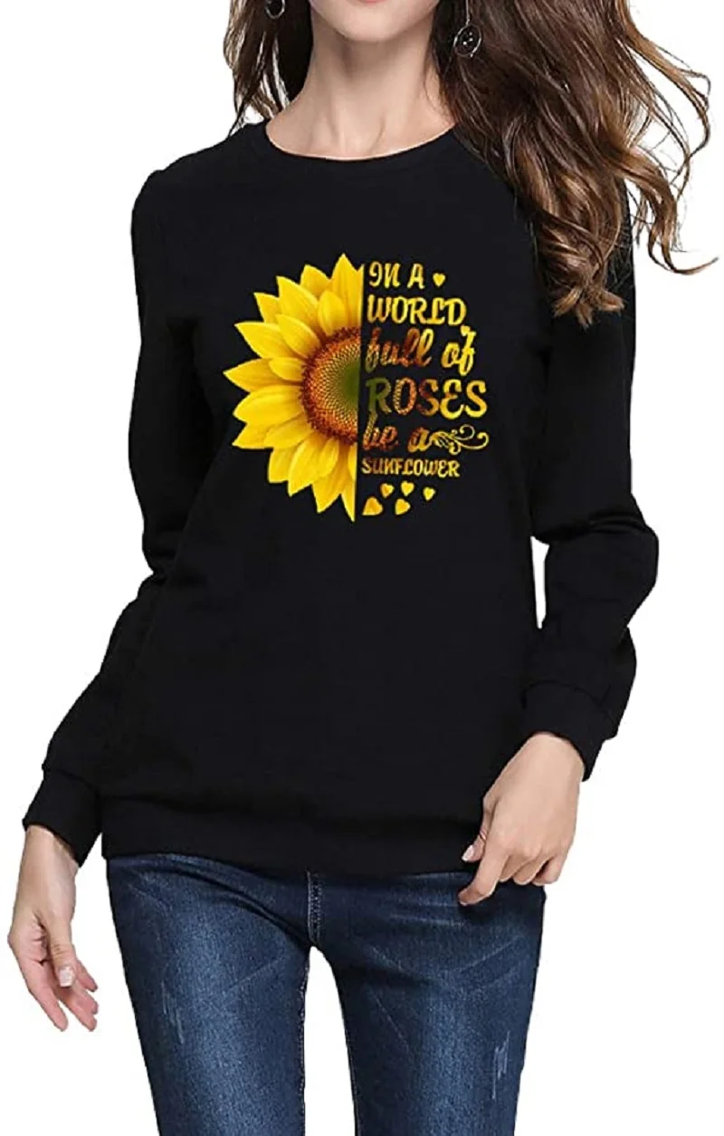 

Autumn long-sleeved sweatshirts tops Korean y2k style plant flower casual women's cottonwomen's cotton printed O-neck pullover