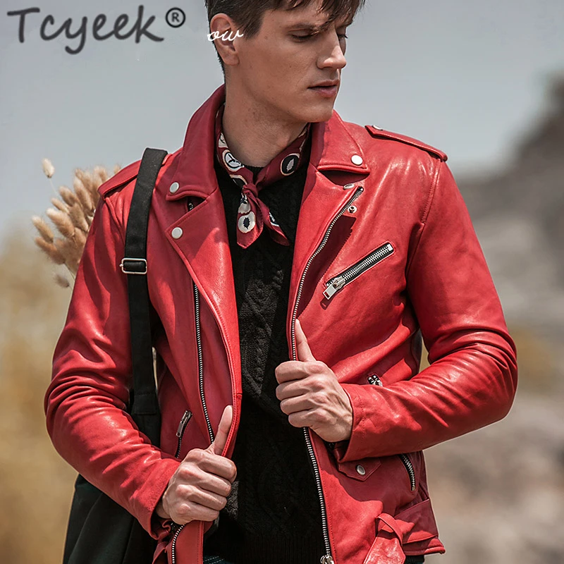 

Tcyeek 100% Genuine Leather Jacket Men Autumn Winter Jackets 2020 Streetwear Motorcycle Natural Real Sheepskin Leather Coat 8185