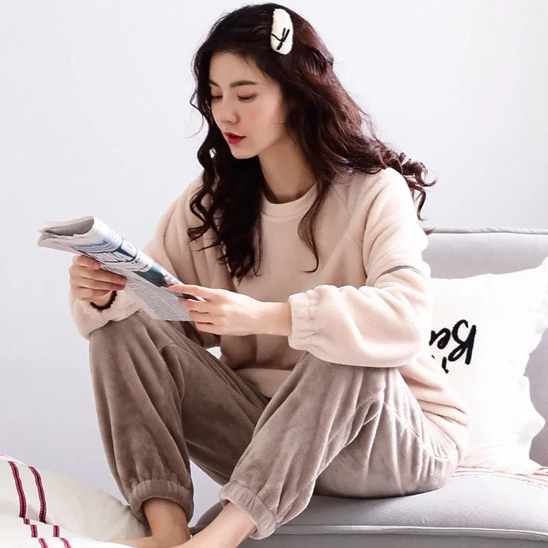 

2020 Winter Pajamas Sets For Women Thick Warm Flannel Female Homewear Long Sleeves Sleepwear Two Piece Nightwear