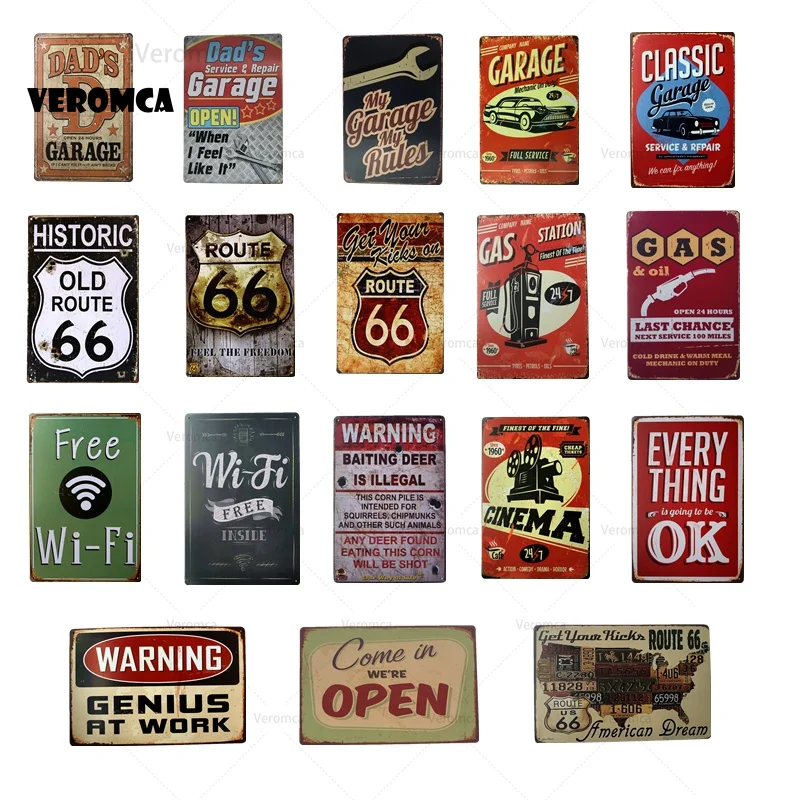 

Route 66 Vintage Metal Signs Free Wifi Dad Garage Wall Stickers Home Decor Vintage Tin Signs Pub Vintage Garden 20X30 CM