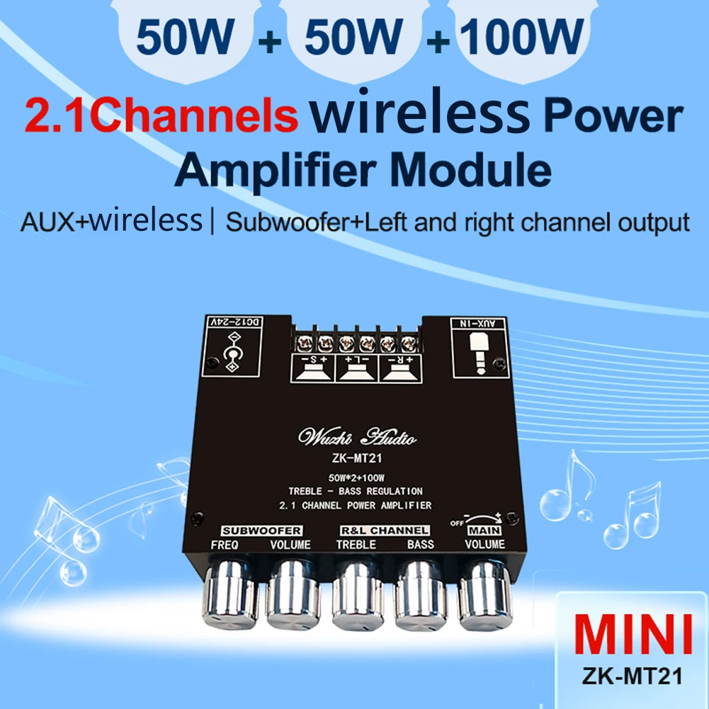 

Bluetooth-compatible 5.0 Audio Power Amplifier Module 2.1 Channel AUX Input Digital Audio Power Amp Circuit Board 2 x 50W +100W