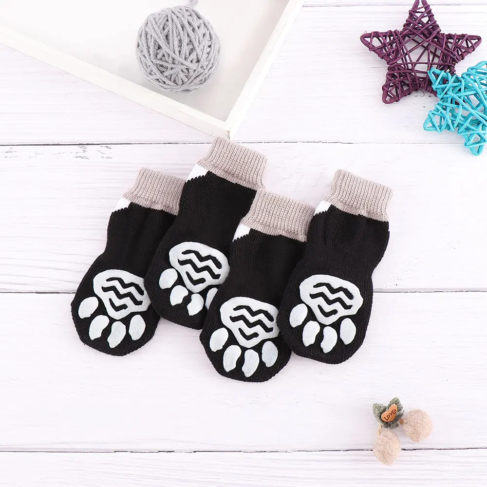 Нескользящие носки для собак вязаная защитная обувь с принтом лап щенков