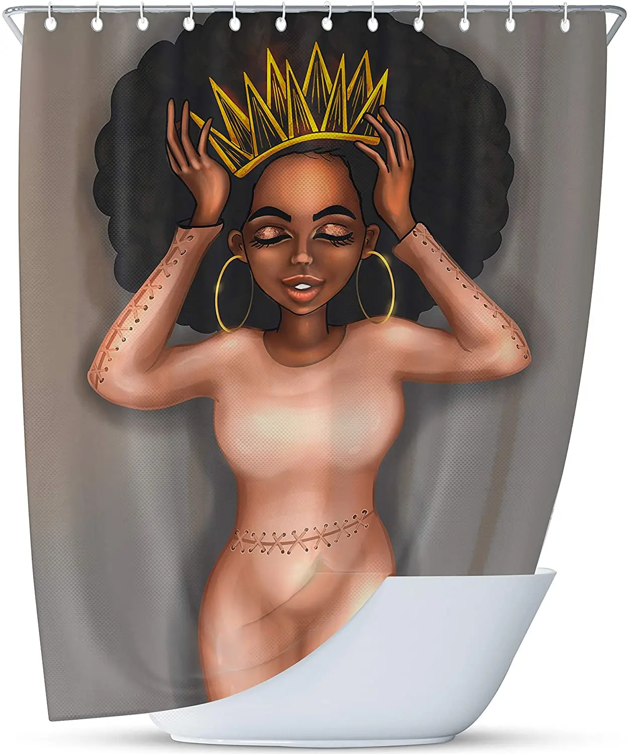 

Black Girl African American Women with Afro Bathroom Shower Curtain with Hooks