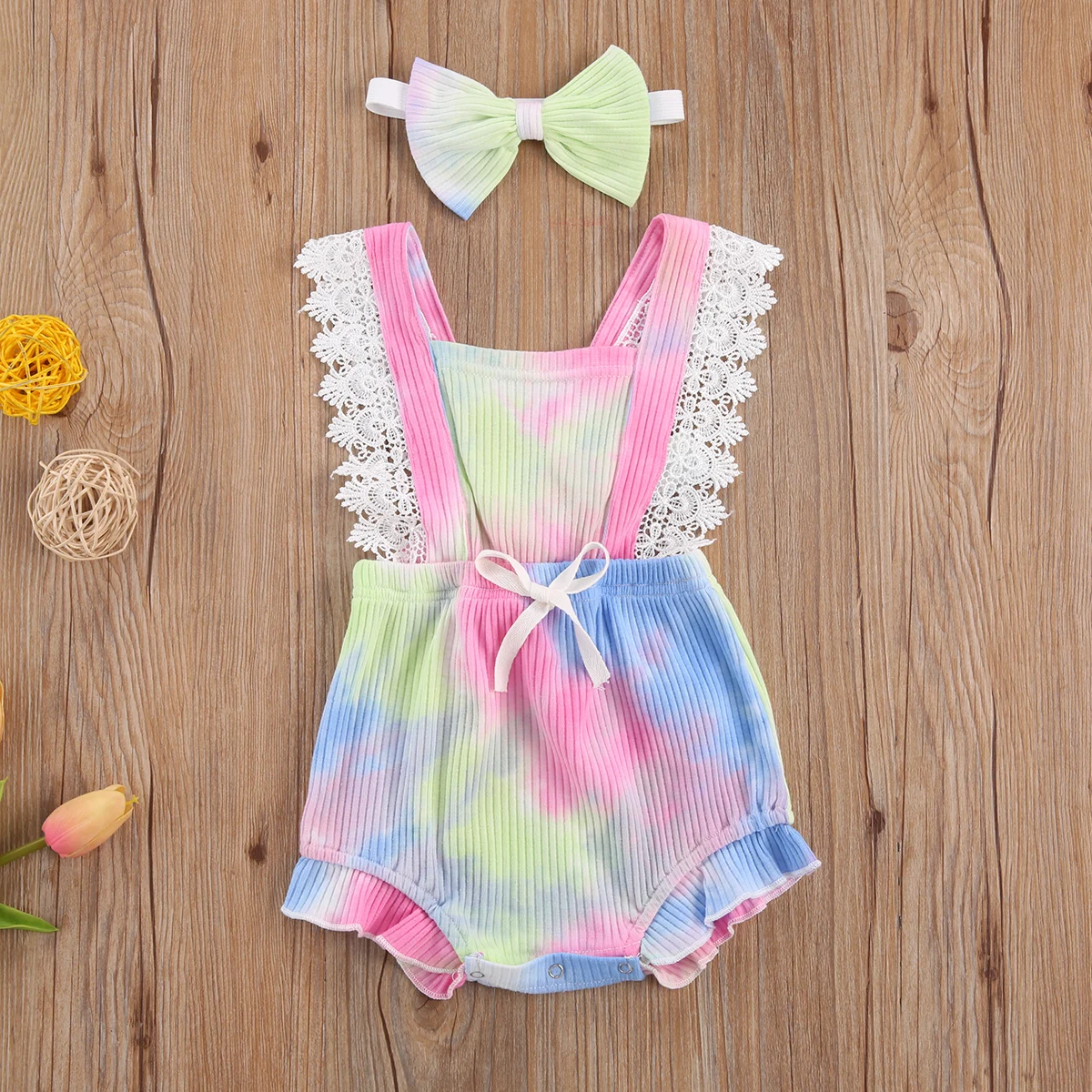 

Одежда для новорожденных девочек, комбинезон с кружевными оборками и рукавами-мушками, с принтом, с завязкой, повязка на голову с бантом, ком...