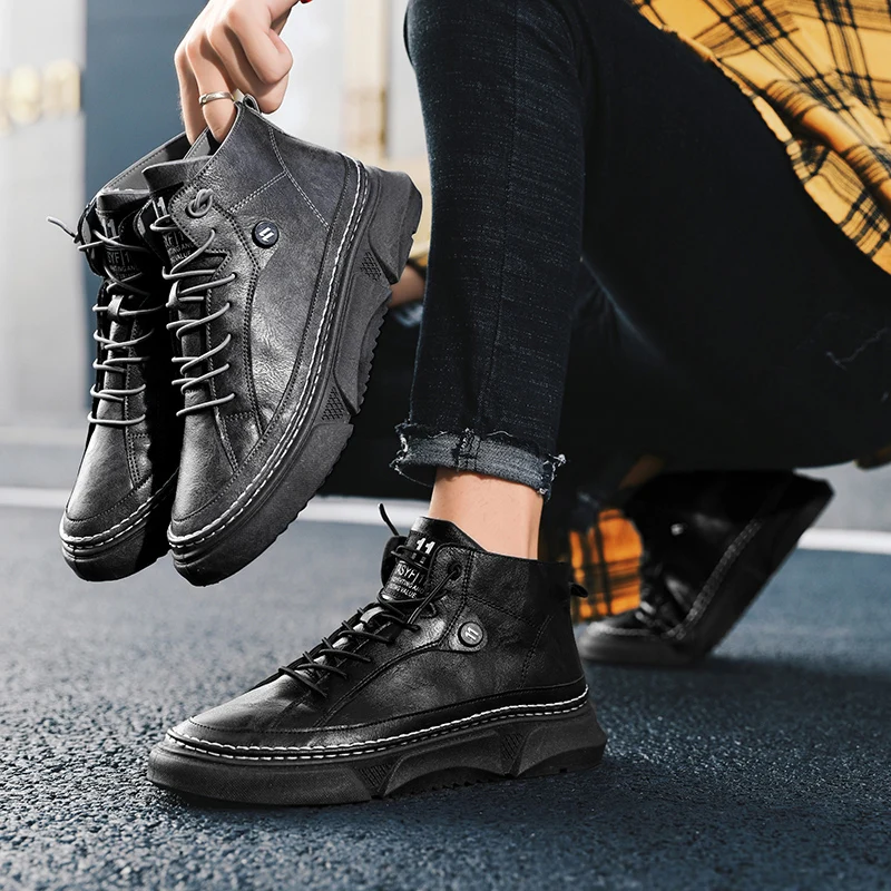 

2020 Fashion Brown Men Casual Sneakers Platform High Top Shoes for Men Korean Style Comfort PU Leather Shoes Men Zapatos Hombre