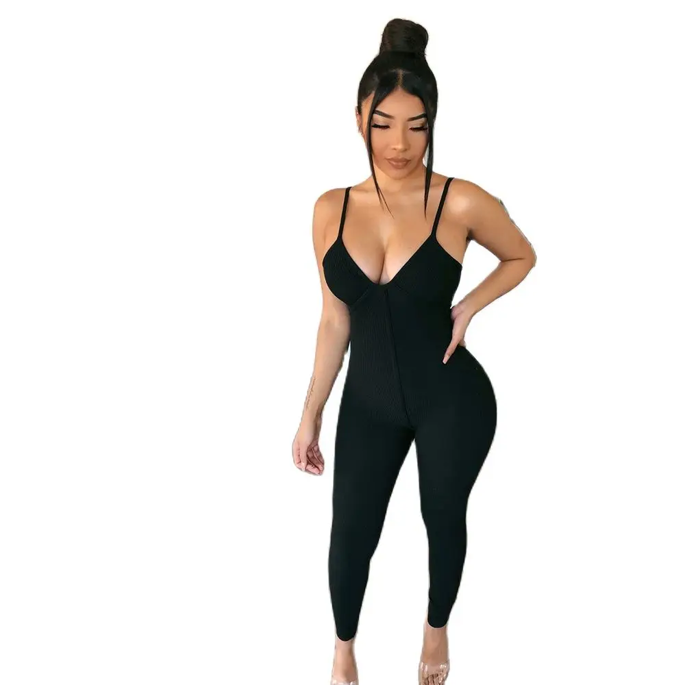 

XLLAIS Cotton Ribbed Stretch Tight Jumpsuit Women Sexy Bodycon Fitness Clothes Sleeveless Black Strap Romper Lady Snug Overall