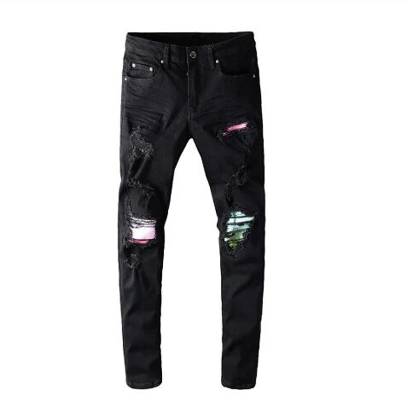 

Новые мужские Модные Цветные плиссированные черные байкерские джинсы в стиле пэчворк уличная одежда облегающие рваные Стрейчевые джинсов...