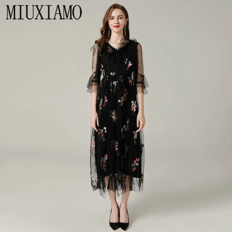 

Высококачественное летнее платье MIUXIMAO 2020, вечернее повседневное пляжное винтажное элегантное модное кружевное платье с цветочной вышивко...