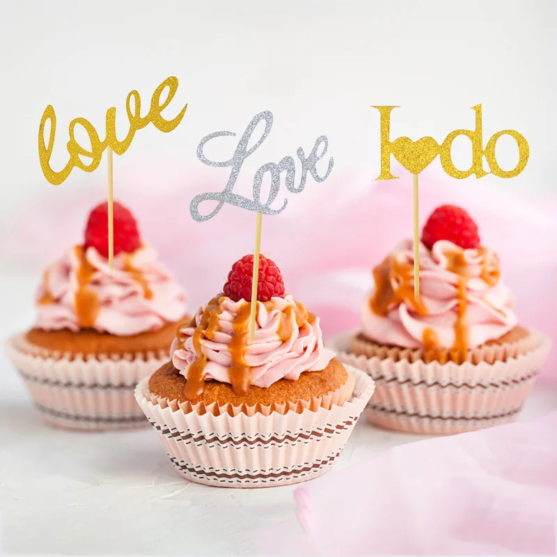 

20Pcs Glitter Silver Gold Paper Wedding Cake Topper Couple Love Cupcake Topper Valentine's Day Party Cake Decorating Supplies