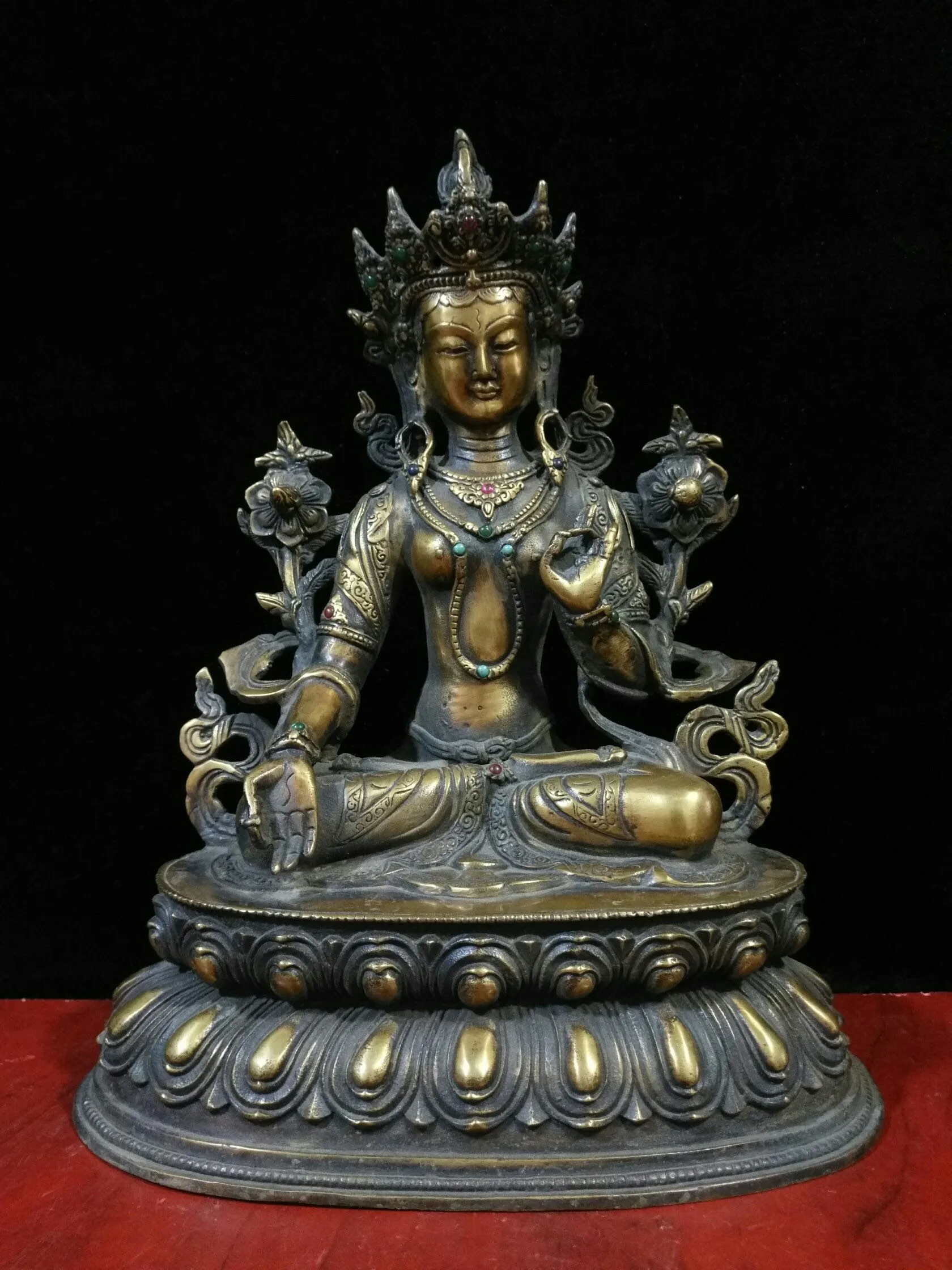 

Home Decor 12"Tibet Buddhism Temple Old Bronze Gilt Gem White Tara Bodhisattva Guanyin Buddha Statue Enshrine the Buddha