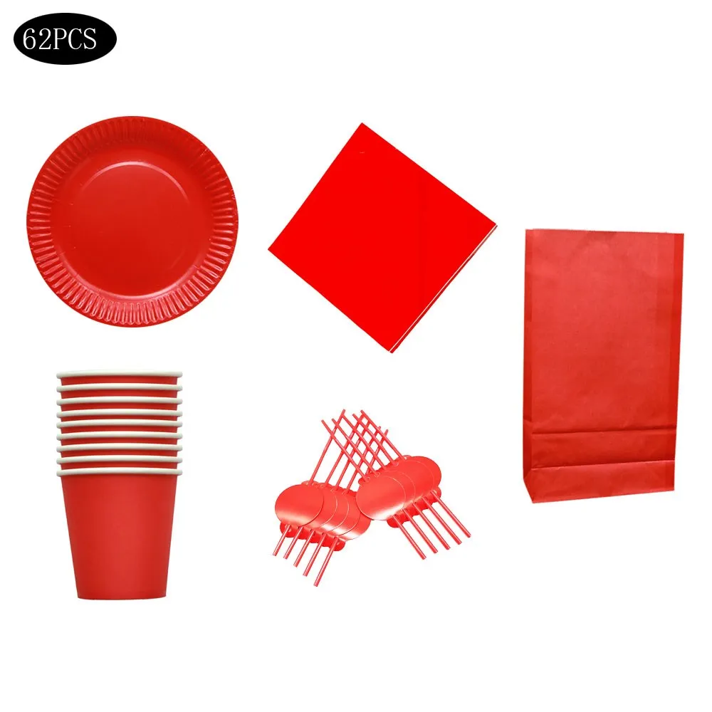 

62Pcs Pure Color Theme Birthday Party Decorations Girl's Favor Red Disposable Tableware Straws Napkins Tablecloths Plates Supply