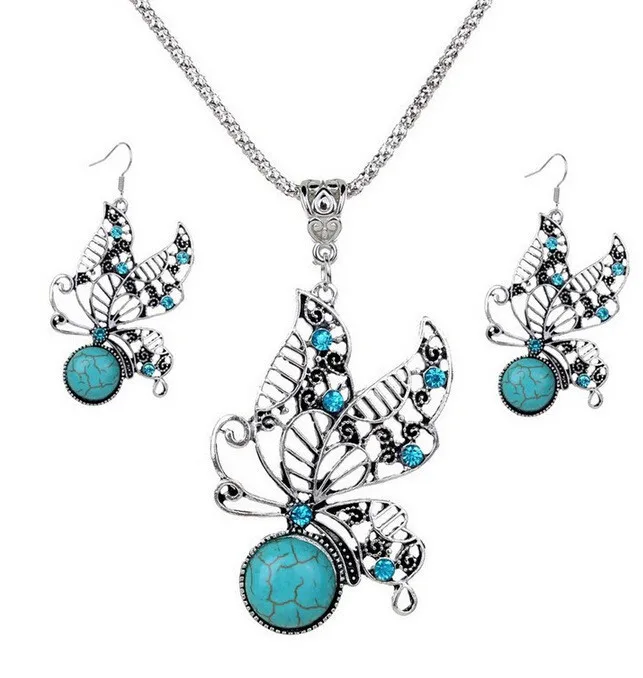 

FEN07 Bohemian retro butterfly suit romantic woman blue stone necklace earrings suit parTSHOU jewelry bracelet Gift Link