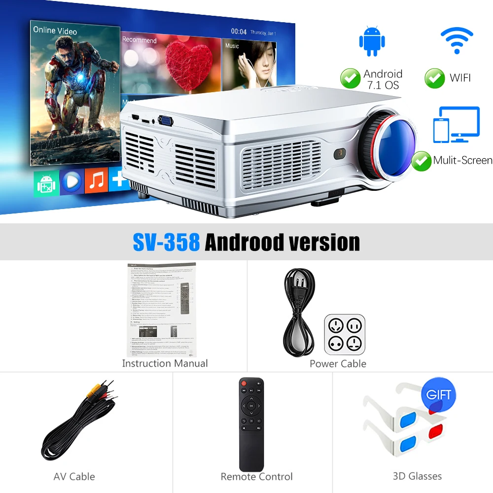 Android version Мощный Full HD проектор SV-358 1920*1080P светодиодный проектор Android 7,1(2G+ 16G) с поддержкой Wi-Fi Bluetooth 4K домашний кинотеатр - Цвет: Android version