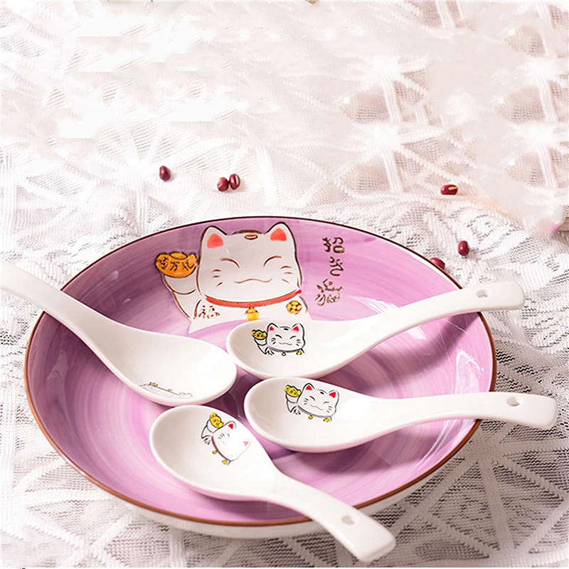 

Chinese Ceramic Spoon Japanese White Cat Bone Porcelain Tableware Restaurant Household Kitchen Utensils Tableware Kitchen