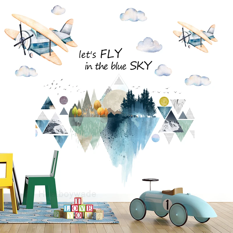 

Cartoon Airplane Home Decorative Wall Stickers for Kids room Nursery Nordic Mountain Vinyl Sticker Kindergarten Decor Wallpapers