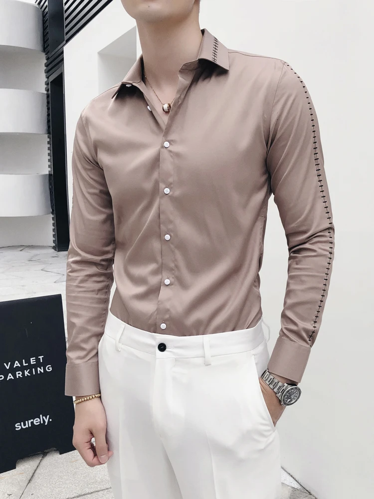 Мужская полосатая рубашка с длинным рукавом белая приталенная в Корейском стиле