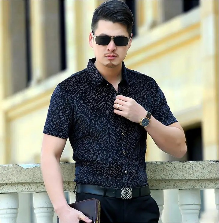 

Pattern Mens Flower Silk Gold Velvet Hollow High-End Sexy Dress Casual See Through Business Floral Shirt For Men