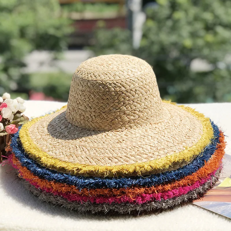 

New Women Beach Outdoor Travel Sun Straw Hat High Quality Natural Raffia Wide Brim Top Cap Fedora Starw Hat With Colours Brim