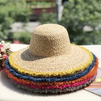 new women beach outdoor travel sun straw hat high quality natural raffia wide brim top cap fedora starw hat with colours brim