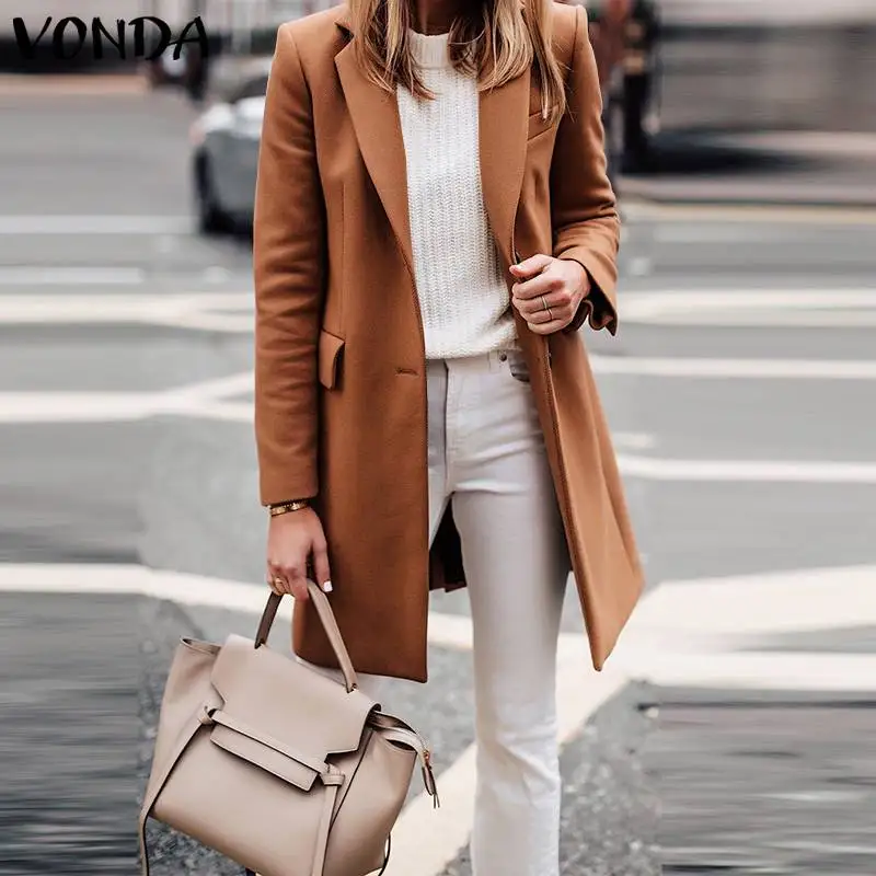 

Winter Coats Jackets Women VONDA 2022 Elegant Long Sleeve Solid Color Long Coats Casual Lapel Vintage Jacket Party Outwear Femme