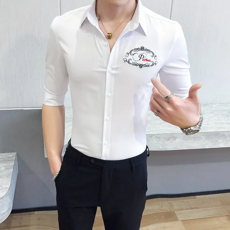 

British Style Summer Half Sleeve Men Casual Shirts Simple All Match Slim Fit Embroidery Tuxedo Streetwear/Prom/Club Blouse Homme