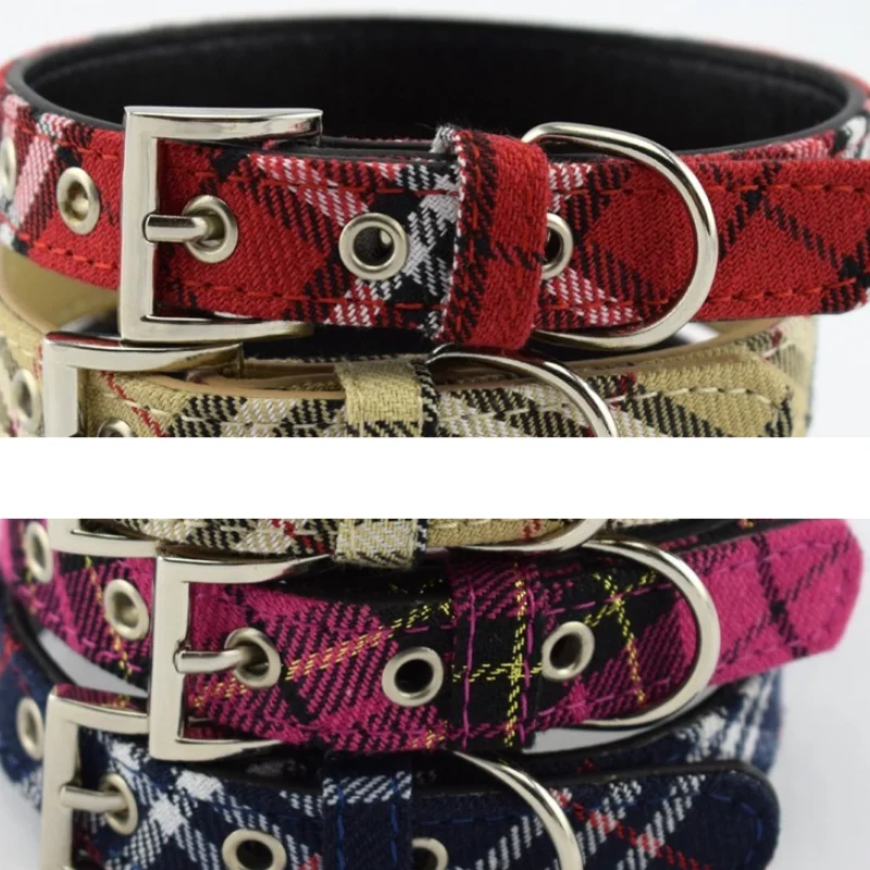 

Plaid Dog Collar Classic Red Plaid PU Leather Brown Dog Cat Collar Safety Elasticity Adjustable Pet Products