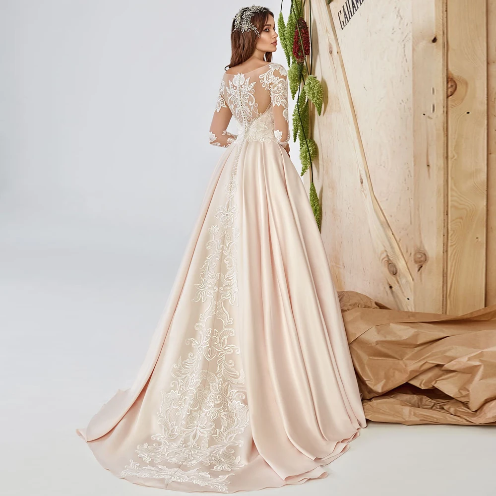 

Vestidos Elegant Wedding Dresses Netting Appliques Bateau Full Sleeve Covered Button A-Line Bridal Gowns