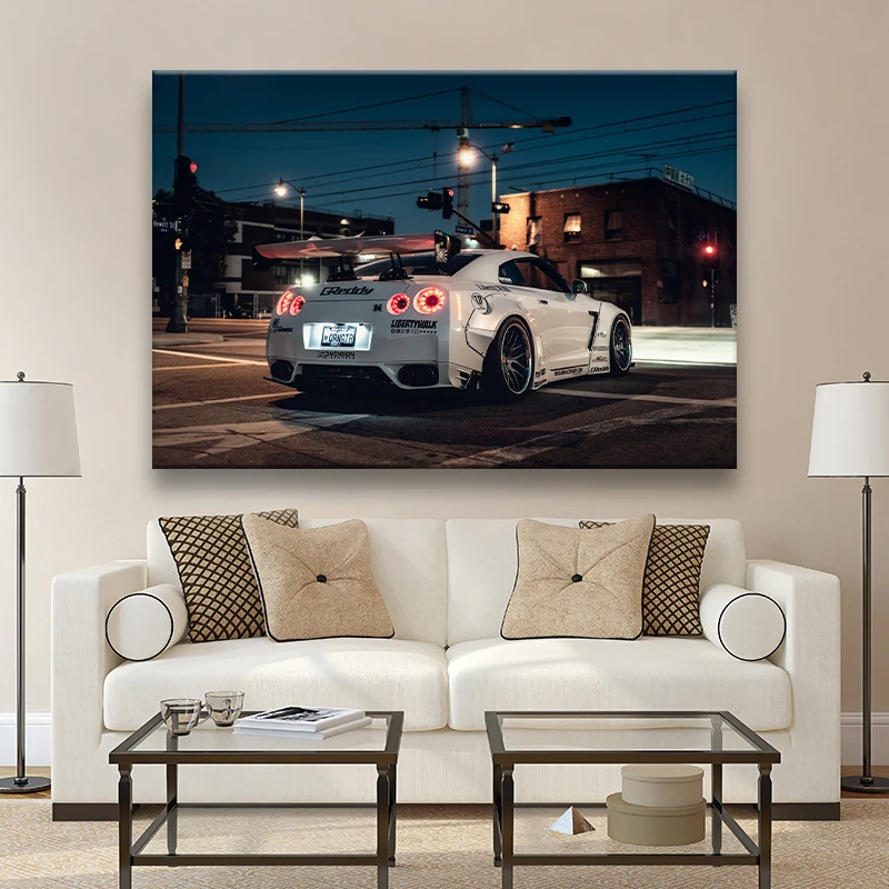 Белый Nissan GTR модифицированный JDM спортивный автомобиль обои для спальни высокого разрешения на холсте распечатки для домашнего декора.