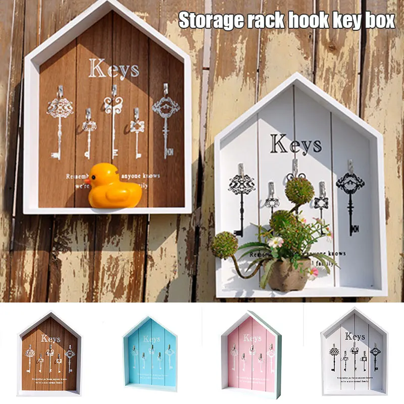 

Key Cabinet Wall Mounted Wooden Key Chain Organizer with 5 Key Holder Decorative Rural House Shape Key Storage Box ALI88