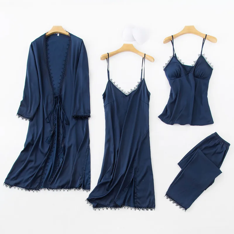 Женский пижамный комплект из 4 предметов пижама с v-образным вырезом и длинным