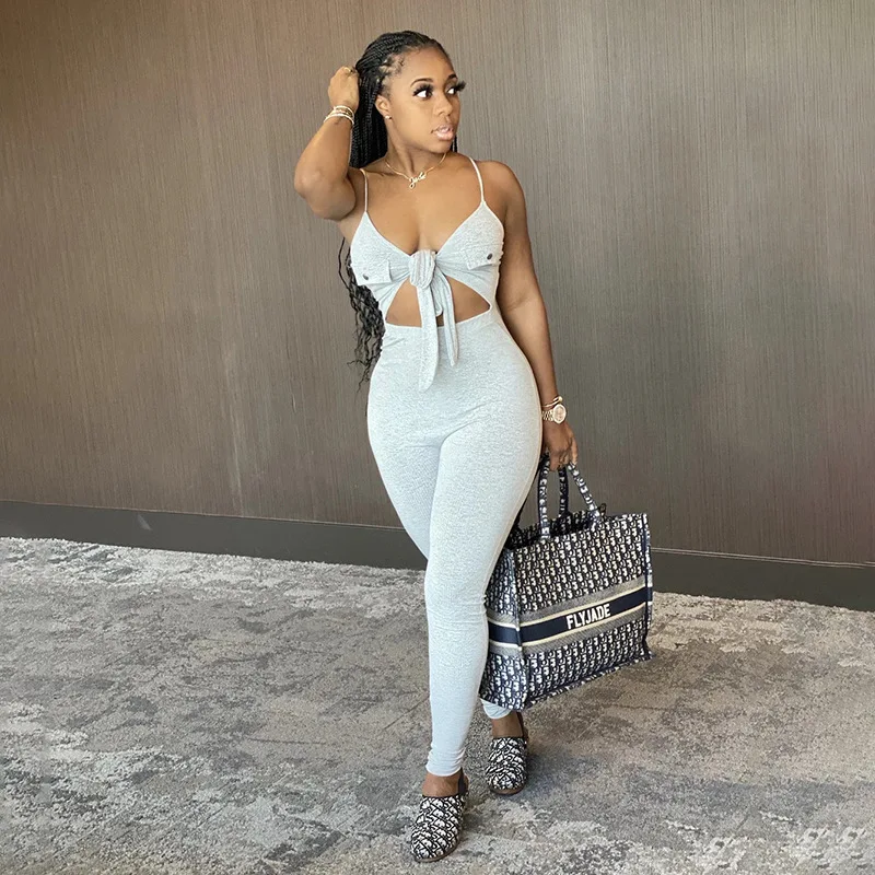 

UVRCOS Jumpsuit Women Elegance Party 2021 Summer Sleeveless Bow Pocket Camisole Off Shoulder Sexy Nightclub Streetwear Tracksuit